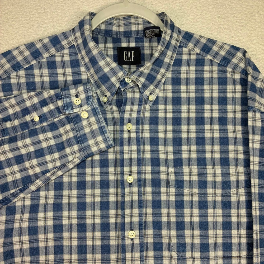 Vintage Gap Oxford Shirt Men XL Blue Plaid Button Down OCBD Casual 90s